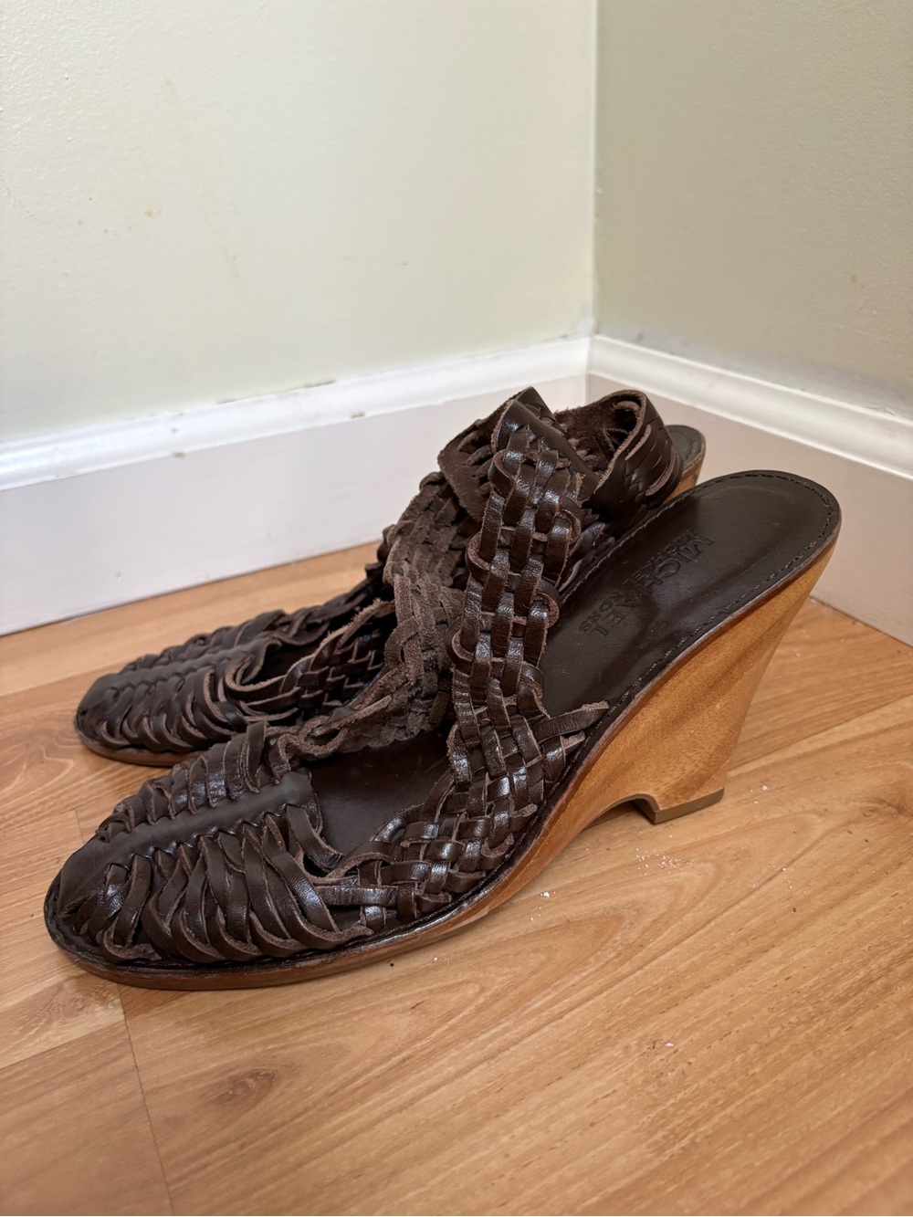 MICHAEL Michael Kors Brown Woven Leather Wedge Slides